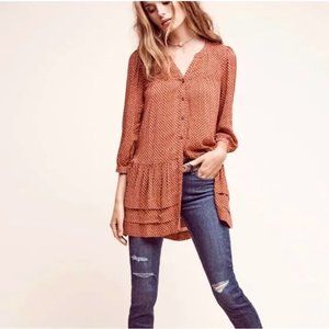 Anthropologie Holding Horses "Pavin" Rust Ruffle Print Tunic Size M/L